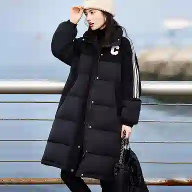 【dme】 纯色加厚保暖条纹立领长款羽绒服 女款