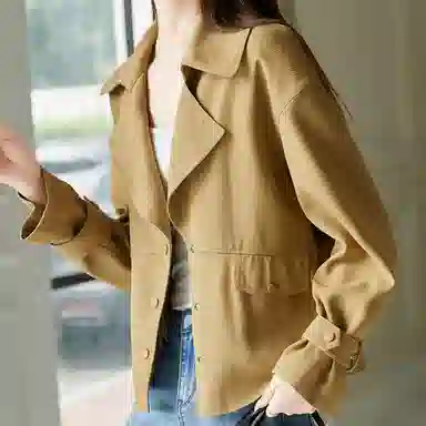 【dme】 纯色翻领单排扣长袖宽松夹克外套 女款 卡其