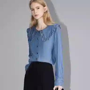 【dme】 纯色单排纽扣尖领牛仔长袖衬衫 女款 浅牛仔蓝