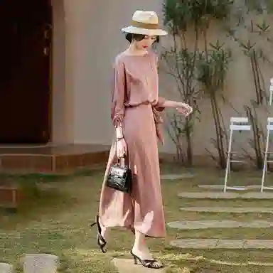 【dme】 缎面茶歇裙静奢风围裹式设计感简约圆领通勤系带收腰七分袖长袖连衣裙 女款