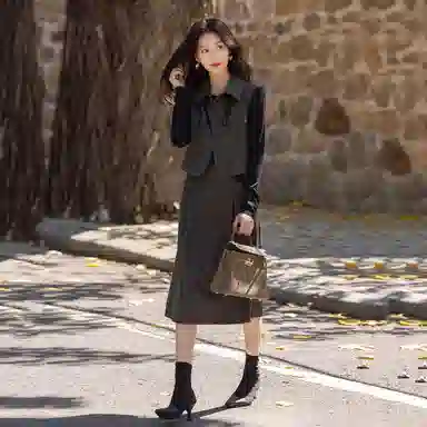 【dme】 时尚休闲简约拼色翻领假两件长袖连衣裙 女款 深灰