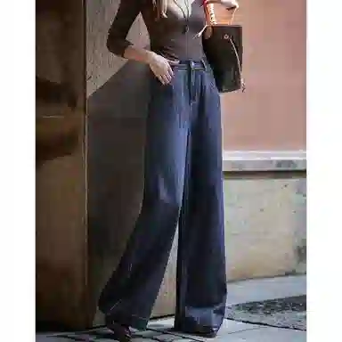 【dme】 秋季极简风中高腰撞色滚条直筒小个子阔腿复古垂感显瘦时尚百搭牛仔裤 女款