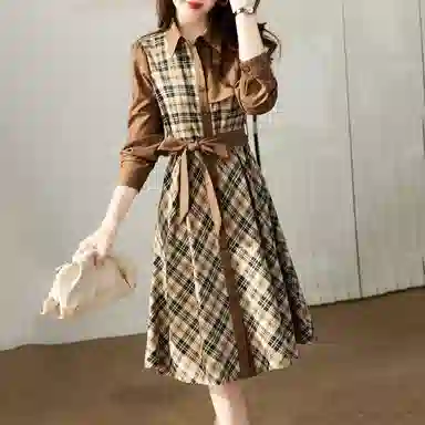 【dme】拼接格纹长袖连衣裙 卡其