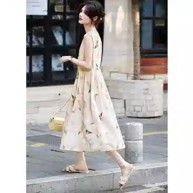 【dme】 圆领蝴蝶印花中长款无袖连衣裙 女款 杏色