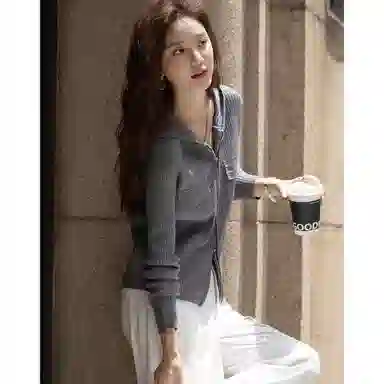 【dme】 秋季复古风连帽双头拉链线衫撞色拼接优雅简约时尚气质百搭休闲针织衫 女款