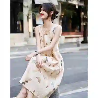 【dme】 圆领蝴蝶印花中长款无袖连衣裙 女款 杏色