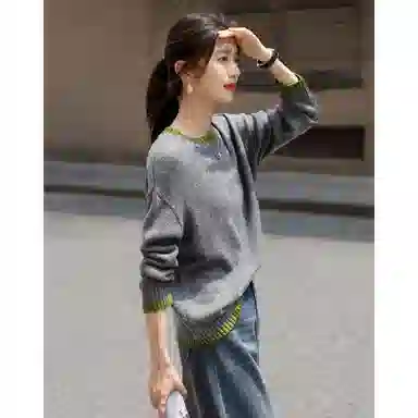 【dme】 冬季简约风绣花线衫拼色圆领宽松丰盈蓬松绵羊毛保暖显瘦百搭休闲针织衫 女款