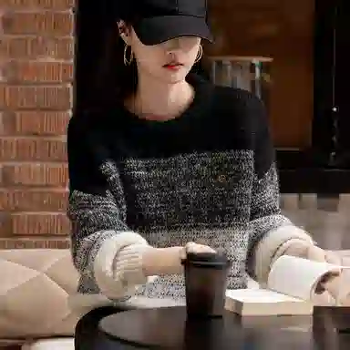 【dme】 拼色圆领套头针织衫 女款 黑色