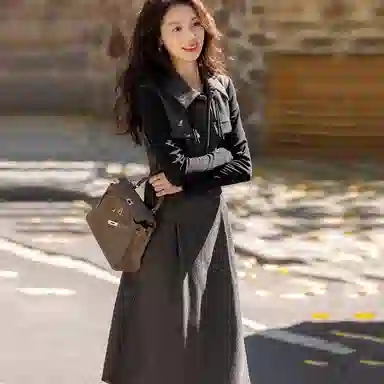 【dme】 时尚休闲简约拼色翻领假两件长袖连衣裙 女款 深灰