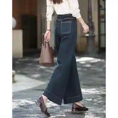 【dme】 秋季立体中高腰撞色压线直筒阔腿宽松藏肉显瘦口袋显高牛仔裤 女款