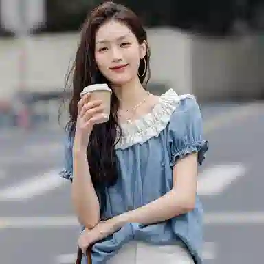 【dme】 拼接撞色一字领短袖衬衫 女款 蓝色