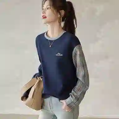 【dme】 拼色圆领套头宽松休闲长袖卫衣 女款