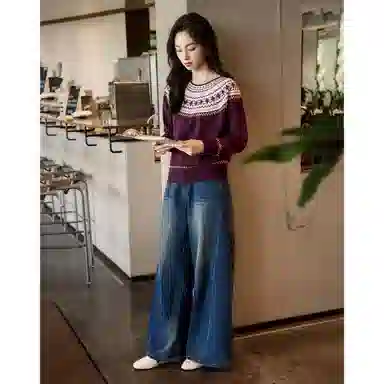 【dme】 冬季圆领撞色线衫罗纹微弹包容身材秋季上衣长袖欧美风格舒适温暖设计时尚百搭提花图案高品质面料经典款式针织衫 女款