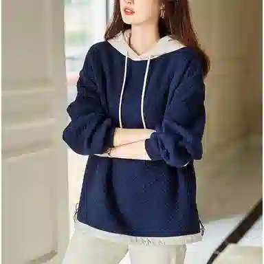 【dme】 拼接撞色宽松连帽套头加绒加厚长袖卫衣 女款