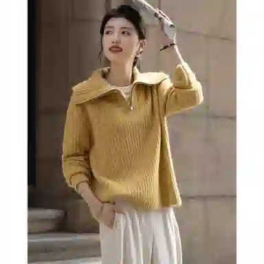 【dme】 温暖的秘密冬季简约半拉链翻领线衫宽松含绵羊毛高领舒适慵懒风百搭休闲时尚针织衫 女款