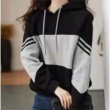 【dme】 通勤拼色宽松条纹拼接连帽减龄遮肉卫衣 女款 黑色