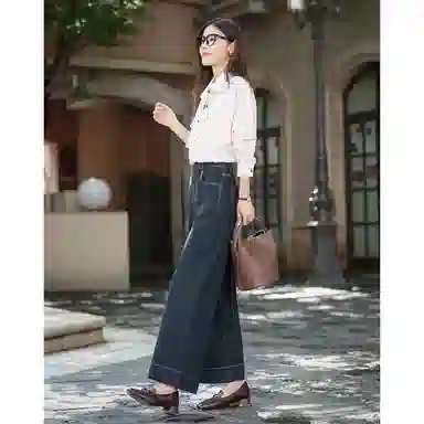 【dme】 秋季立体中高腰撞色压线直筒阔腿宽松藏肉显瘦口袋显高牛仔裤 女款