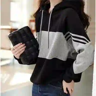 【dme】 通勤拼色宽松条纹拼接连帽减龄遮肉卫衣 女款 黑色