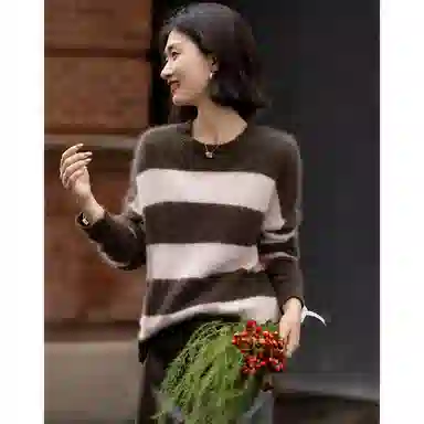 【dme】 冬季复古风圆领撞色条纹落肩宽松上衣高端现代简约时尚潮流高级感慵懒风显瘦遮肉减龄知性智感舒适亲肤保暖针织衫 女款