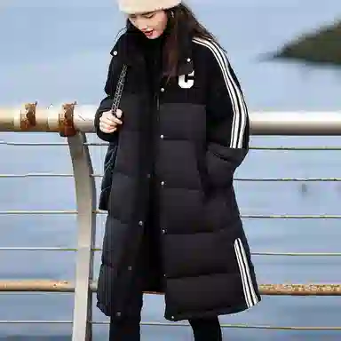 【dme】 纯色加厚保暖条纹立领长款羽绒服 女款