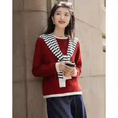 【dme】 冬季简约风绣花线衫拼色圆领宽松丰盈蓬松绵羊毛保暖显瘦百搭休闲针织衫 女款