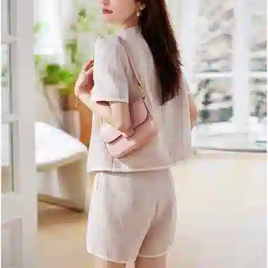 【dme】 圆领针织短袖上衣直筒短裤休闲运动套装 女款 浅粉红