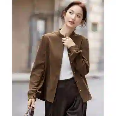 【dme】 冬季保暖修身通勤立领花边装饰泡泡袖衬衣秋冬外套长袖慵懒风宽松显瘦舒适百搭透气正肩复古日常时尚潮流基础款衬衫 女款