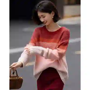 【dme】 冬季渐变拼色圆领线衫宽松含绵羊毛慵懒上衣日常休闲高级感大方经典气质职场干练高智感时尚潮流亲肤透气小个子美拉德针织衫 女款