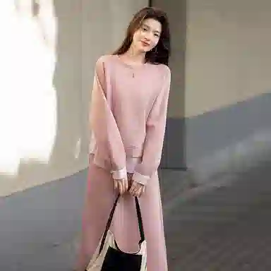 【dme】 圆领套头舒适长袖卫衣开叉休闲长裙裙装套装 女款