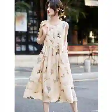 【dme】 圆领蝴蝶印花中长款无袖连衣裙 女款 杏色