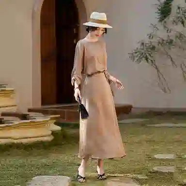 【dme】 缎面茶歇裙静奢风围裹式设计感简约圆领通勤系带收腰七分袖长袖连衣裙 女款