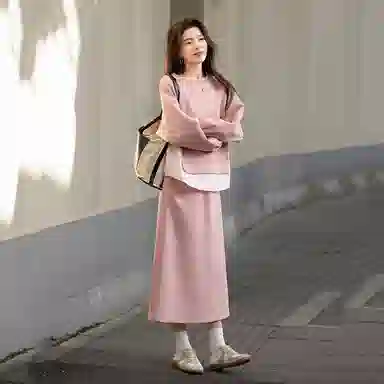 【dme】 圆领套头舒适长袖卫衣开叉休闲长裙裙装套装 女款