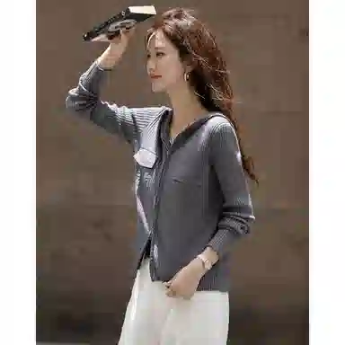 【dme】 秋季复古风连帽双头拉链线衫撞色拼接优雅简约时尚气质百搭休闲针织衫 女款