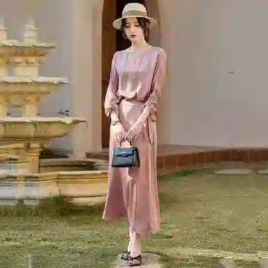 【dme】 缎面茶歇裙静奢风围裹式设计感简约圆领通勤系带收腰七分袖长袖连衣裙 女款