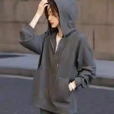 【dme】 纯色连帽拉链插肩长袖卫衣 女款