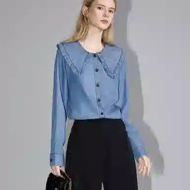 【dme】 纯色单排纽扣尖领牛仔长袖衬衫 女款 浅牛仔蓝