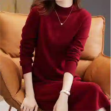 【dme】 纯色半高领简约中腰休闲长袖连衣裙 女款