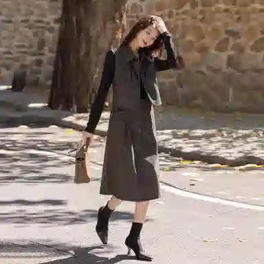 【dme】 时尚休闲简约拼色翻领假两件长袖连衣裙 女款 深灰