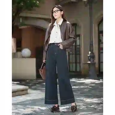 【dme】 秋季立体中高腰撞色压线直筒阔腿宽松藏肉显瘦口袋显高牛仔裤 女款