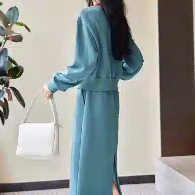 【dme】 休闲条纹长袖上衣纯色长裙裙装套装 女款 湖蓝