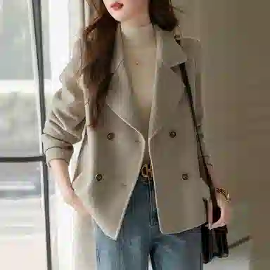 【dme】 纯色西装领双排扣短款长袖大衣 女款 慕斯杏