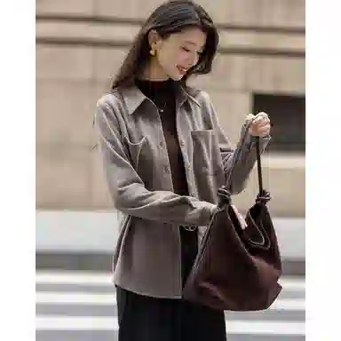 【dme】 秋季简约风翻领直筒贴袋小个子长袖纯色设计感衬衫 女款