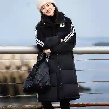 【dme】 纯色加厚保暖条纹立领长款羽绒服 女款