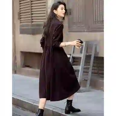 【dme】 秋季复古半开襟圆领抽皱收腰伞裙中长款暖暖的德绒经典设计高腰修身优雅气质百搭款式时尚显瘦法式风格拼接 长袖连衣裙 女款