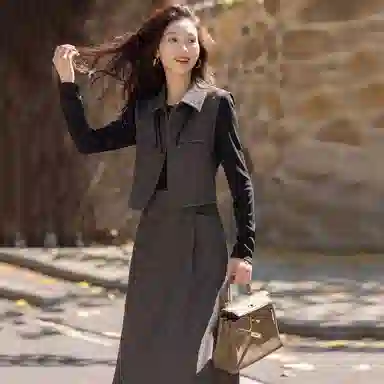 【dme】 时尚休闲简约拼色翻领假两件长袖连衣裙 女款 深灰