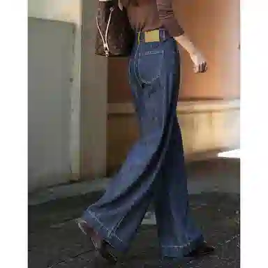 【dme】 秋季极简风中高腰撞色滚条直筒小个子阔腿复古垂感显瘦时尚百搭牛仔裤 女款