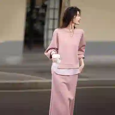 【dme】 圆领套头舒适长袖卫衣开叉休闲长裙裙装套装 女款