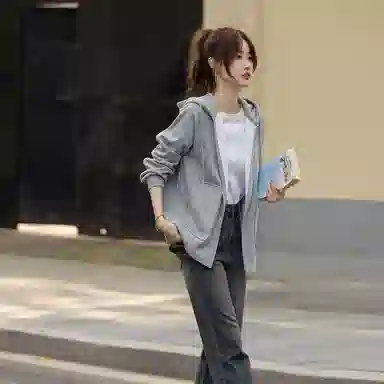 【dme】 纯色连帽拉链插肩长袖卫衣 女款