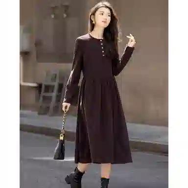 【dme】 秋季复古半开襟圆领抽皱收腰伞裙中长款暖暖的德绒经典设计高腰修身优雅气质百搭款式时尚显瘦法式风格拼接 长袖连衣裙 女款