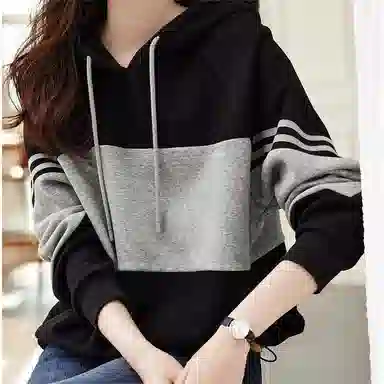 【dme】 通勤拼色宽松条纹拼接连帽减龄遮肉卫衣 女款 黑色